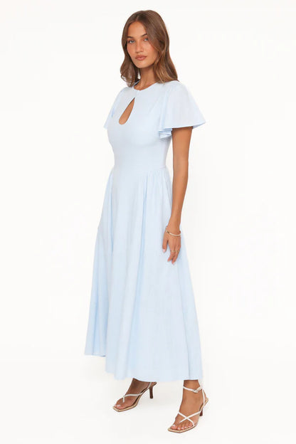 Elegant Keyhole Neck Flutter Sleeve Smocked Waist A-Line Midi Prom Dress For Formal Evening Wedding Guest Bridesmaid Cocktail Party
