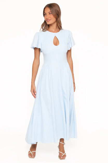 Elegant Keyhole Neck Flutter Sleeve Smocked Waist A-Line Midi Prom Dress For Formal Evening Wedding Guest Bridesmaid Cocktail Party