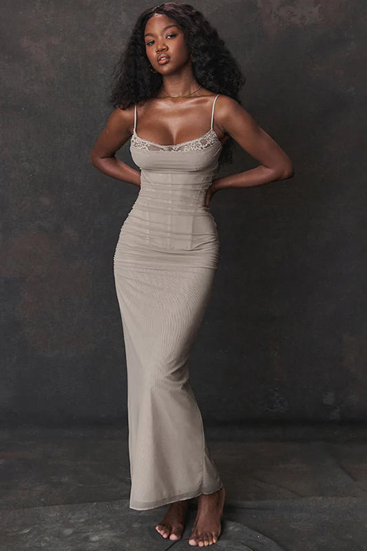 Elegant Lace Trim Spaghetti Strap Ruched Mesh Maxi Prom Dress For Wedding Guest Bridal Shower Formal Evening