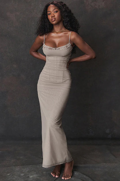 Elegant Lace Trim Spaghetti Strap Ruched Mesh Maxi Prom Dress For Wedding Guest Bridal Shower Formal Evening