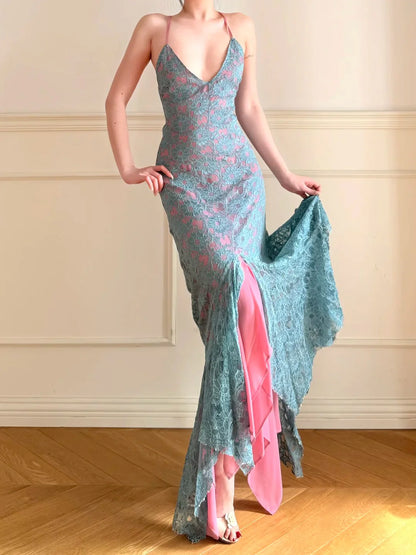 Elegant Light Blue Lace Prom Dress With Pink Lining Spaghetti Straps Crisscross Back And Asymmetrical Mermaid Skirt For Formal Evening Party