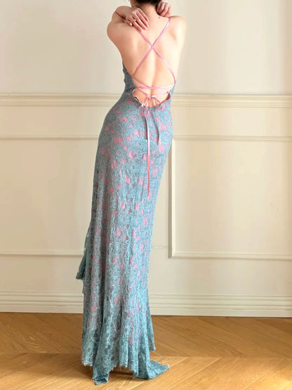 Elegant Light Blue Lace Prom Dress With Pink Lining Spaghetti Straps Crisscross Back And Asymmetrical Mermaid Skirt For Formal Evening Party