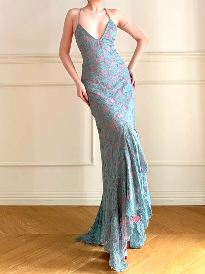 Elegant Light Blue Lace Prom Dress With Pink Lining Spaghetti Straps Crisscross Back And Asymmetrical Mermaid Skirt For Formal Evening Party