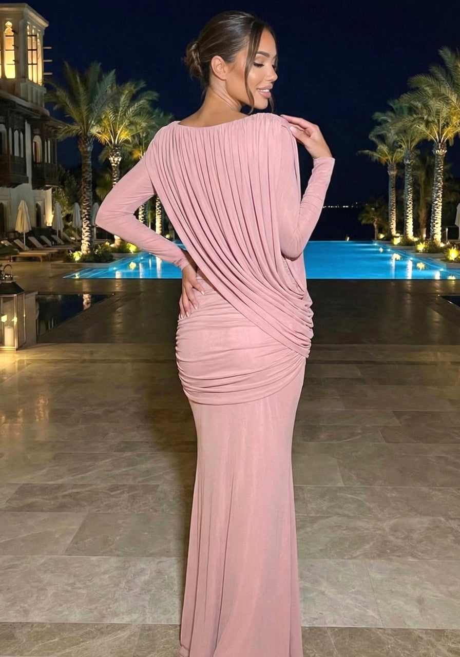 Elegant Long Sleeve Boat Neck Draped Ruched Bodycon Maxi Prom Dress