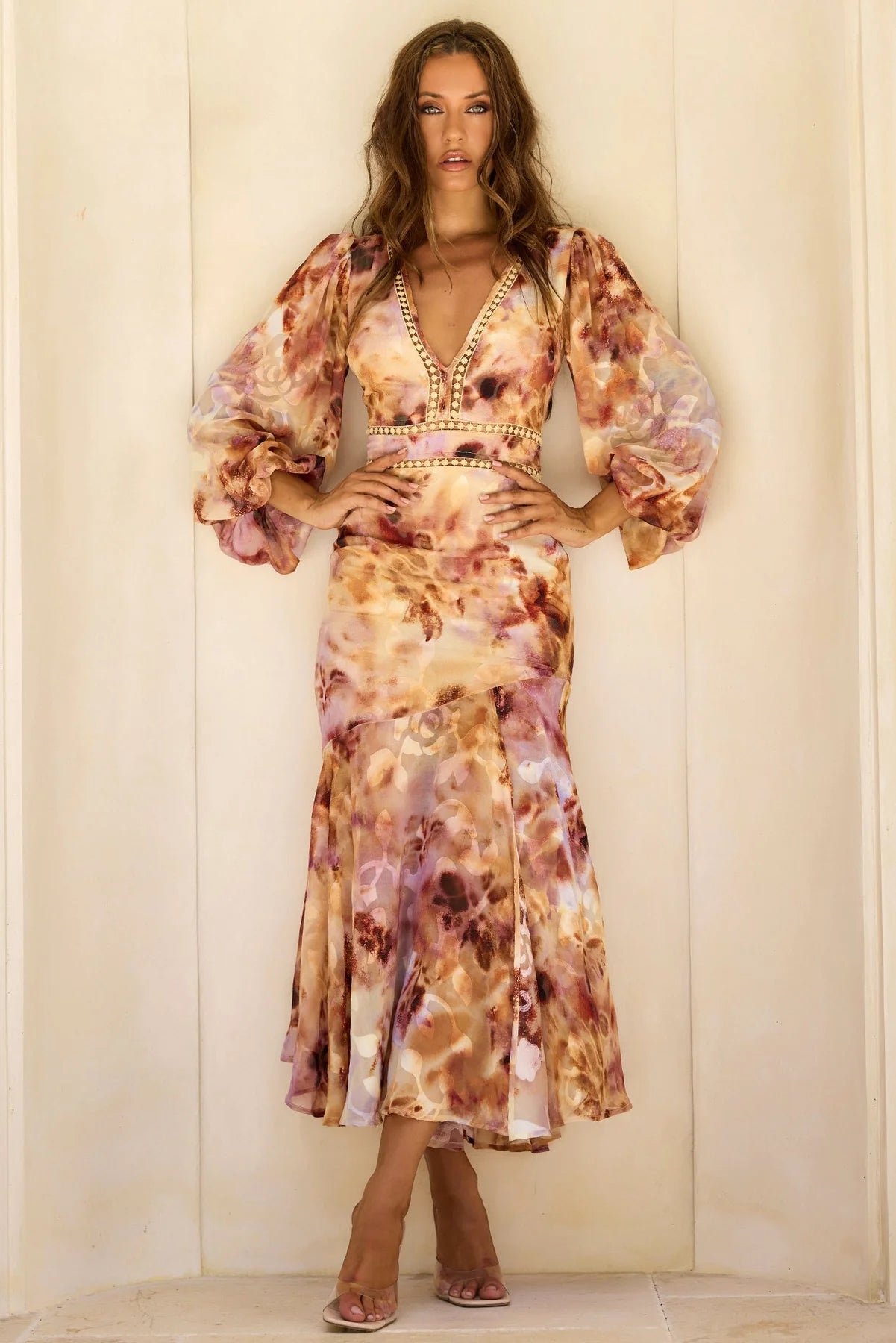 Elegant Long Sleeve Deep V Beaded Trim Tie Dye Print Chiffon A Line Maxi Prom Dress For Formal Evening Gala Wedding Guest Bridesmaid Vacation