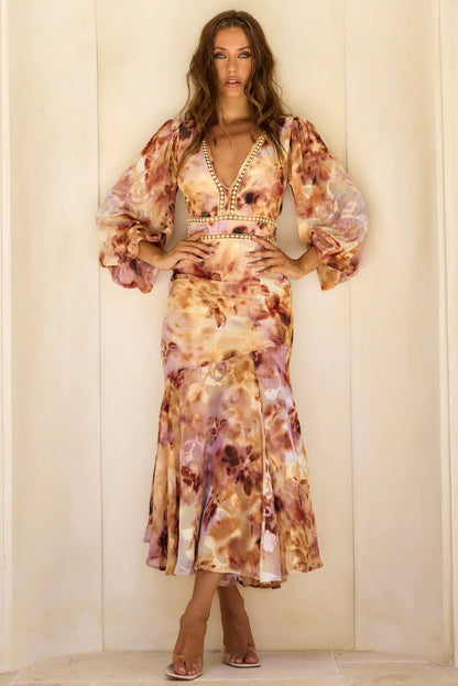 Elegant Long Sleeve Deep V Beaded Trim Tie Dye Print Chiffon A Line Maxi Prom Dress For Formal Evening Gala Wedding Guest Bridesmaid Vacation