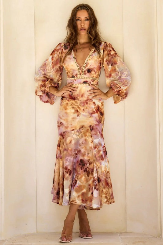 Elegant Long Sleeve Deep V Beaded Trim Tie Dye Print Chiffon A Line Maxi Prom Dress For Formal Evening Gala Wedding Guest Bridesmaid Vacation