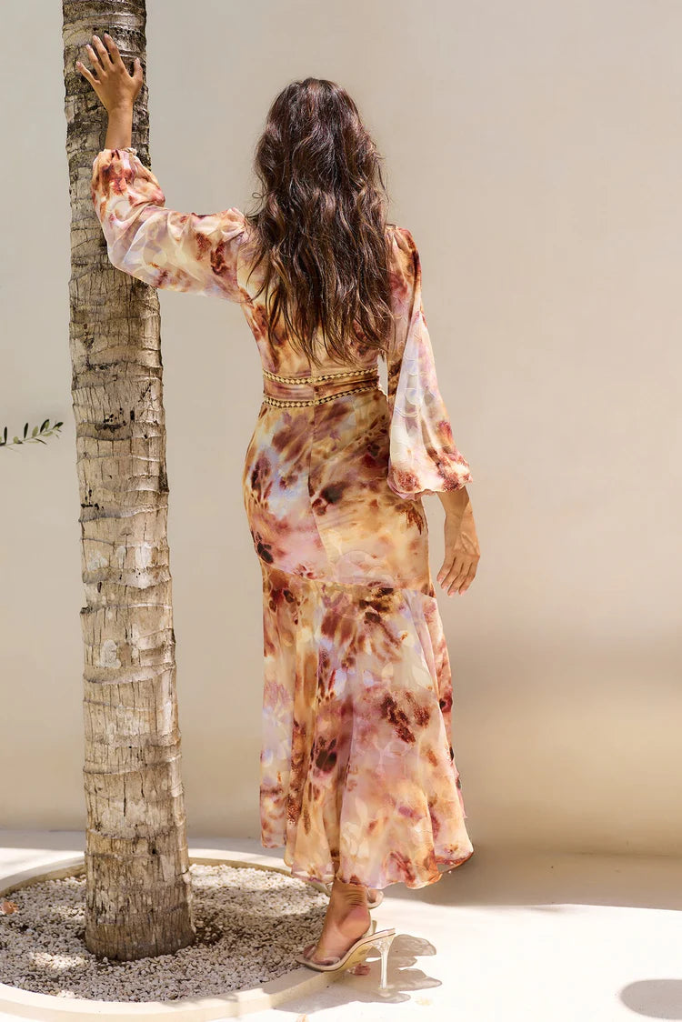 Elegant Long Sleeve Deep V Beaded Trim Tie Dye Print Chiffon A Line Maxi Prom Dress For Formal Evening Gala Wedding Guest Bridesmaid Vacation