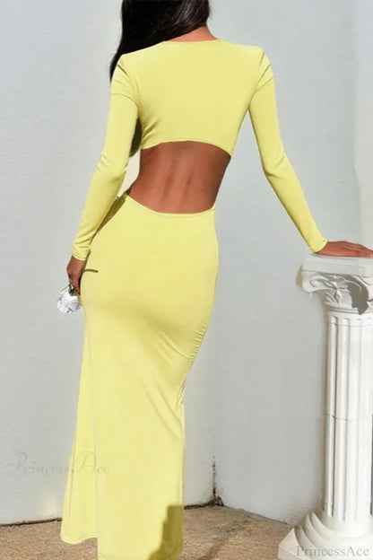 Elegant Long Sleeve Deep V Neck Ruffle Trim Open Back Bodycon Maxi Prom Dress For Wedding Guest Bridal Shower Formal Evening