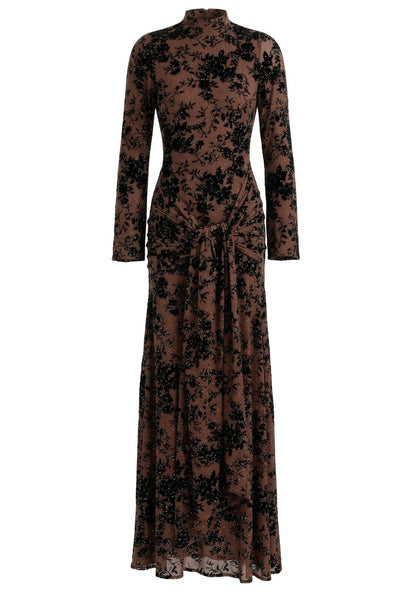 Elegant Long Sleeve High Neck Floral Velvet Sequin Mesh Maxi Prom Dress