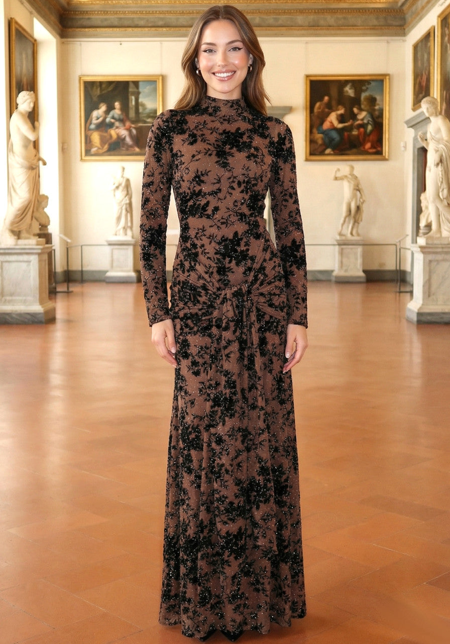 Elegant Long Sleeve High Neck Floral Velvet Sequin Mesh Maxi Prom Dress