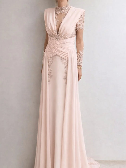 Elegant Long Sleeve Lace Beaded Button Back Ruched Chiffon A-Line Maxi Prom Dress with Train