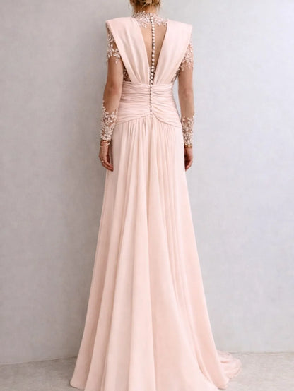 Elegant Long Sleeve Lace Beaded Button Back Ruched Chiffon A-Line Maxi Prom Dress with Train