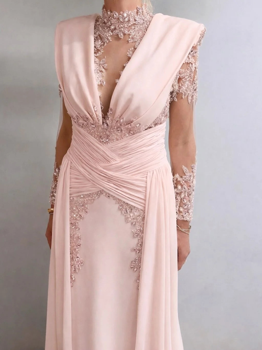 Elegant Long Sleeve Lace Beaded Button Back Ruched Chiffon A-Line Maxi Prom Dress with Train