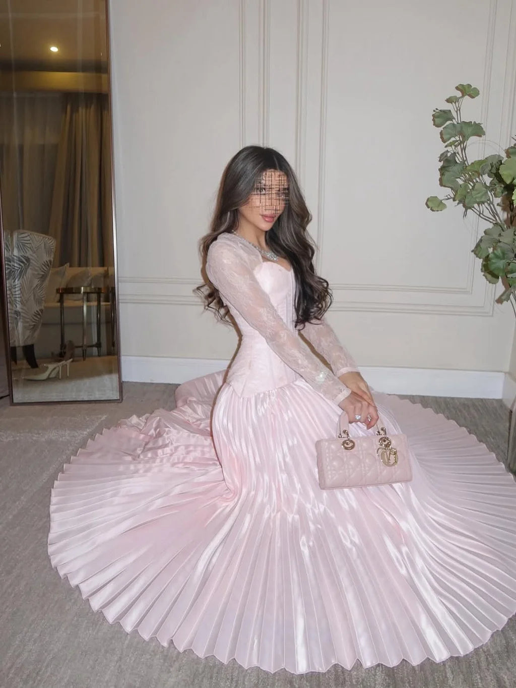 Elegant Long Sleeve Lace Corset Pleated Satin A-Line Maxi Prom Dress