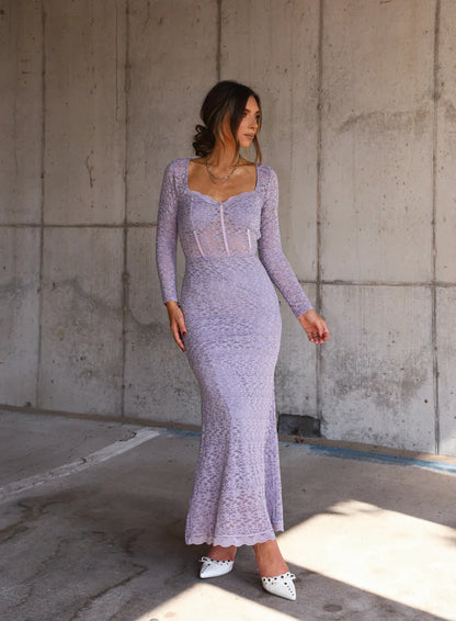 Elegant Long Sleeve Square Neck Sheer Lace Corset Mermaid Maxi Prom Dress For Wedding Guest Bridal Shower Formal Evening