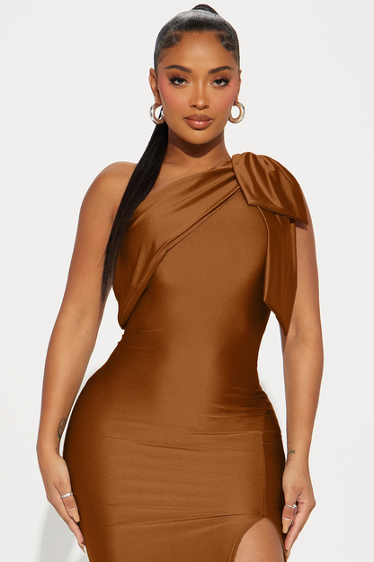 Elegant Mermaid One Shoulder Bow Slit Long Evening Dress