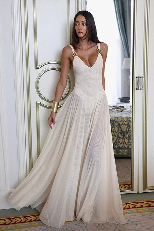 Elegant Metal Ring Detail Deep V Neck Sheer Mesh Panel A Line Maxi Prom Dress For Wedding Guest Bridal Shower Formal Evening