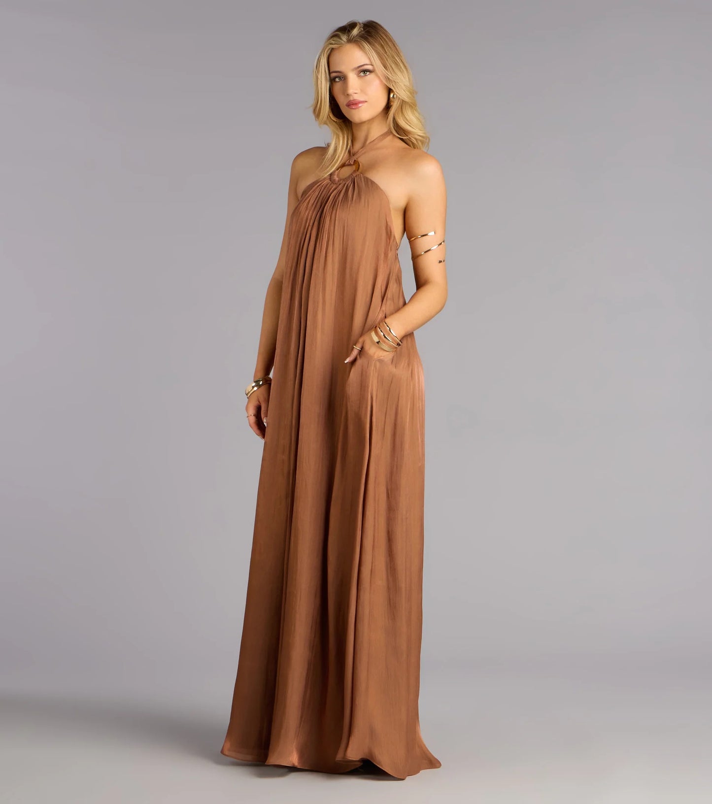Elegant Mocha Halter Neck O-Ring Cutout Open-Back Prom Dress