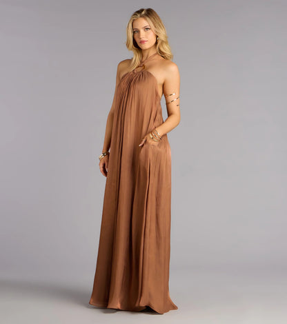Elegant Mocha Halter Neck O-Ring Cutout Open-Back Prom Dress