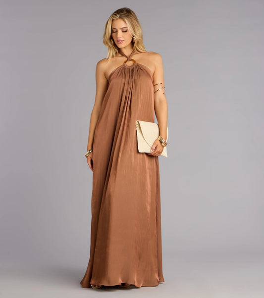 Elegant Mocha Halter Neck O-Ring Cutout Open-Back Prom Dress