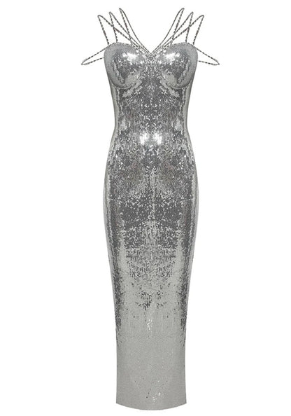 Elegant Multi Strap Sweetheart Neck Open Back Sequin Mermaid Maxi Prom Dress With Back Slit