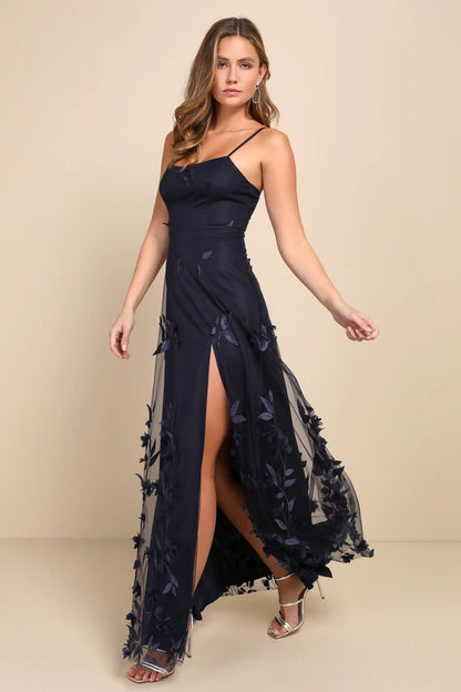 Elegant Navy Blue Spaghetti Strap Maxi Dress with 3D Leaf Applique and High Side Slit, Prom Dress