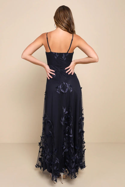 Elegant Navy Blue Spaghetti Strap Maxi Dress with 3D Leaf Applique and High Side Slit, Prom Dress