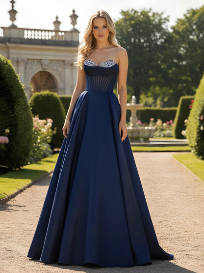 Elegant Navy Blue Strapless Satin Ball Gown with Beaded Sweetheart Neckline: Prom Dress