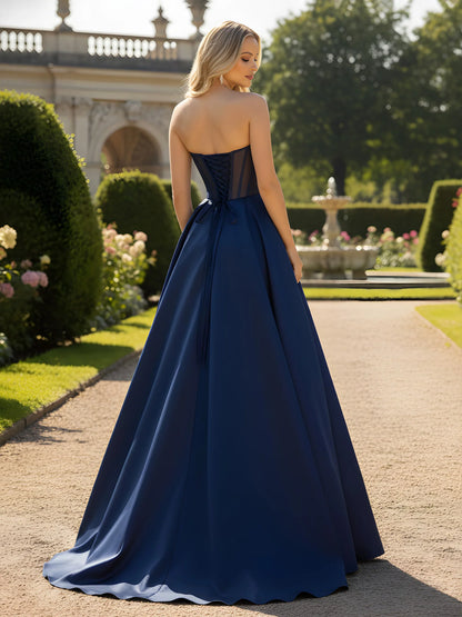 Elegant Navy Blue Strapless Satin Ball Gown with Beaded Sweetheart Neckline: Prom Dress