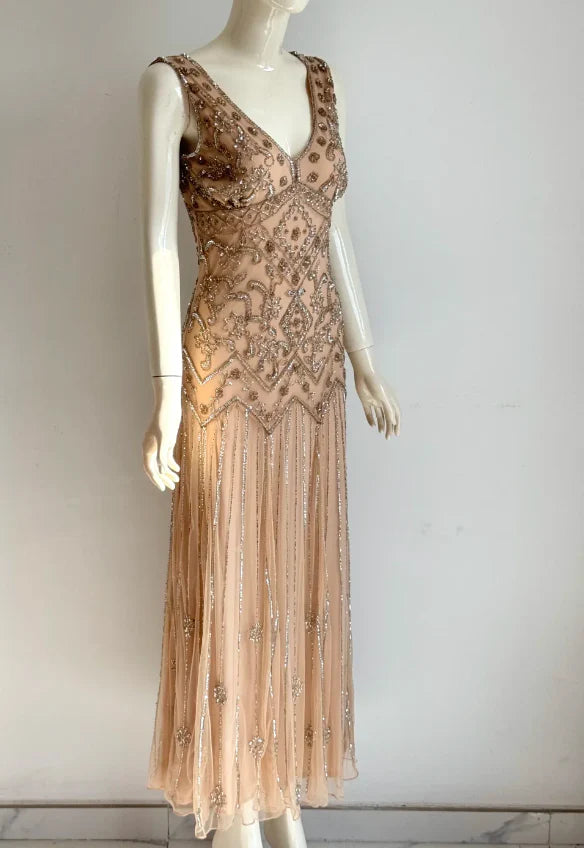 Elegant Nude V-Neck Prom Dress With 1920s Beaded Flapper Design Art Deco Beadwork And Fringe Skirt For Formal Evening Party