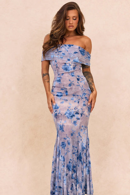 Elegant Off Shoulder Open Back Floral Print Velvet Mesh Bodycon Mermaid Maxi Prom Dress For Formal Evening Gala Cocktail Party Wedding Guest