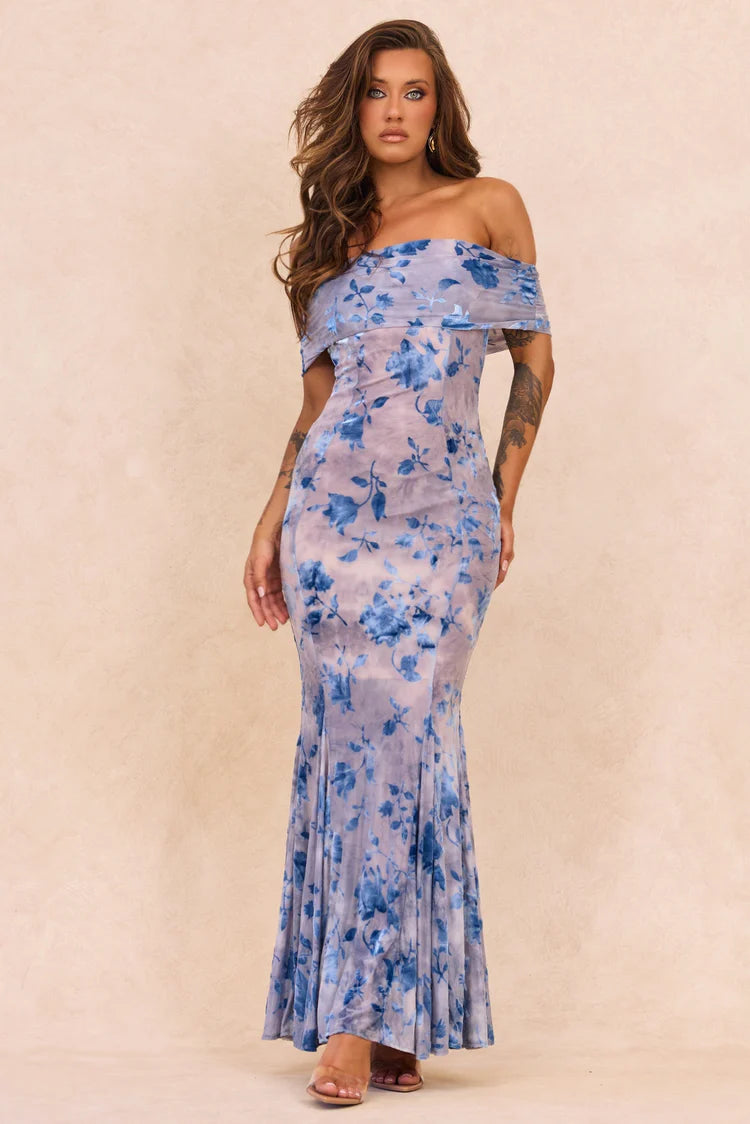 Elegant Off Shoulder Open Back Floral Print Velvet Mesh Bodycon Mermaid Maxi Prom Dress For Formal Evening Gala Cocktail Party Wedding Guest