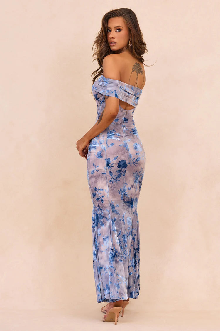 Elegant Off Shoulder Open Back Floral Print Velvet Mesh Bodycon Mermaid Maxi Prom Dress For Formal Evening Gala Cocktail Party Wedding Guest