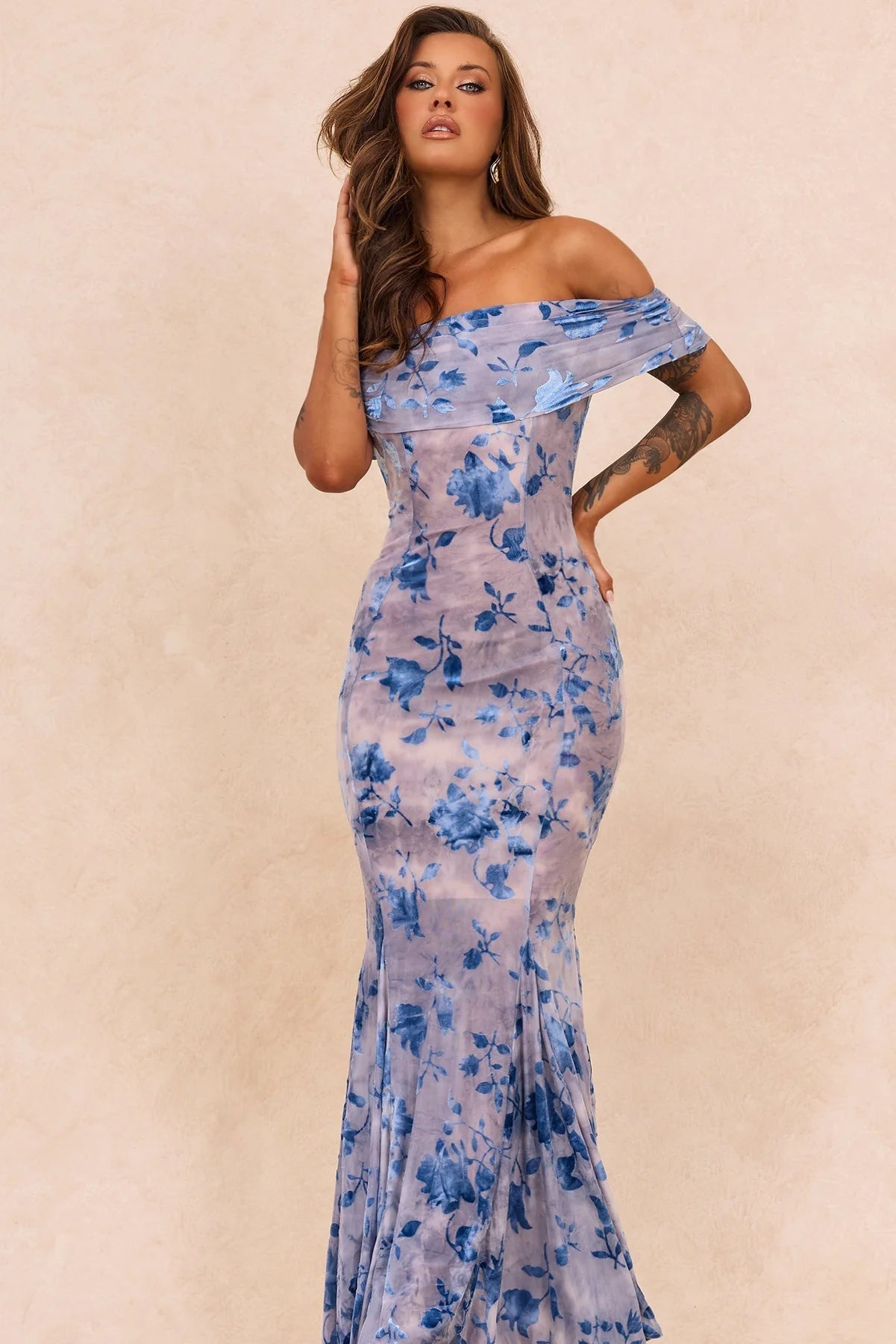 Elegant Off Shoulder Open Back Floral Print Velvet Mesh Bodycon Mermaid Maxi Prom Dress For Formal Evening Gala Cocktail Party Wedding Guest