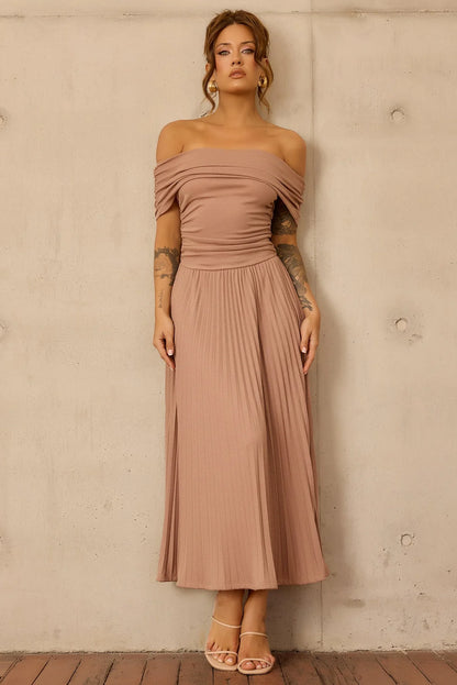 Elegant Off Shoulder Ruched Waist Pleated Ribbed Knit A Line Maxi Prom Dress For Formal Evening Gala Cocktail Party Wedding Guest