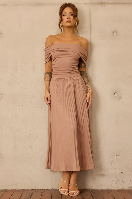 Elegant Off Shoulder Ruched Waist Pleated Ribbed Knit A Line Maxi Prom Dress For Formal Evening Gala Cocktail Party Wedding Guest