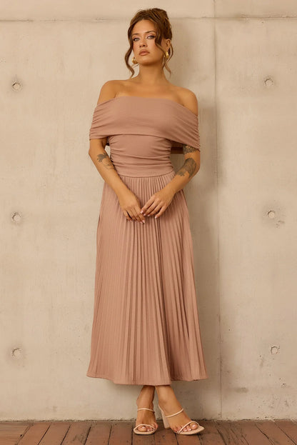 Elegant Off Shoulder Ruched Waist Pleated Ribbed Knit A Line Maxi Prom Dress For Formal Evening Gala Cocktail Party Wedding Guest