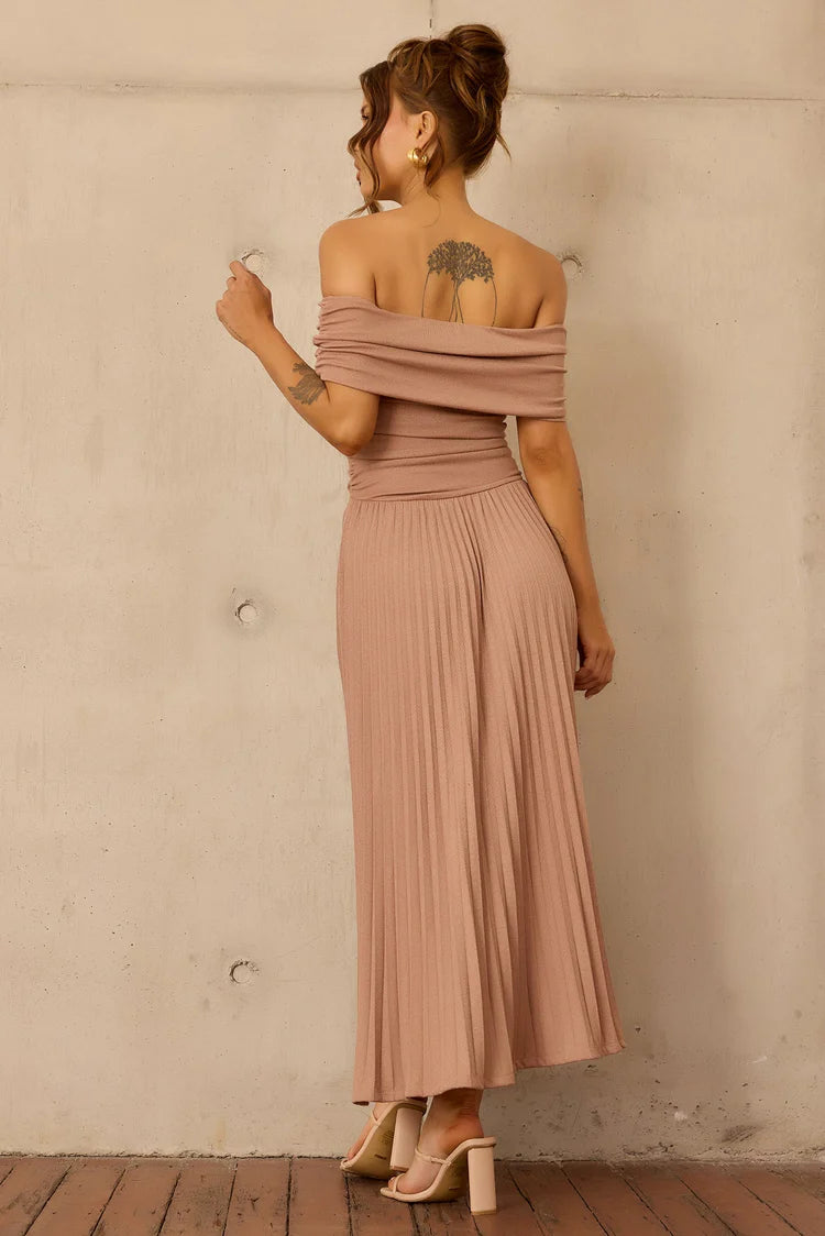 Elegant Off Shoulder Ruched Waist Pleated Ribbed Knit A Line Maxi Prom Dress For Formal Evening Gala Cocktail Party Wedding Guest