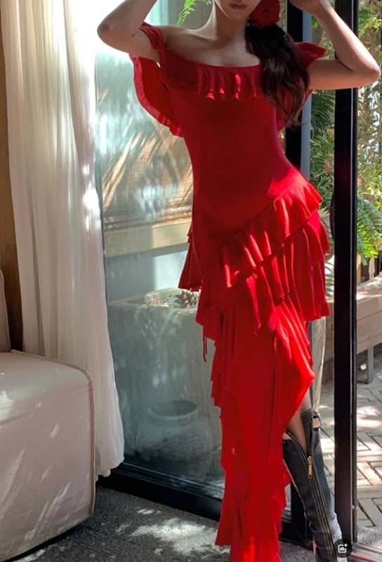Elegant Off Shoulder Ruffle Trim Tiered High Low Chiffon Maxi Prom Dress