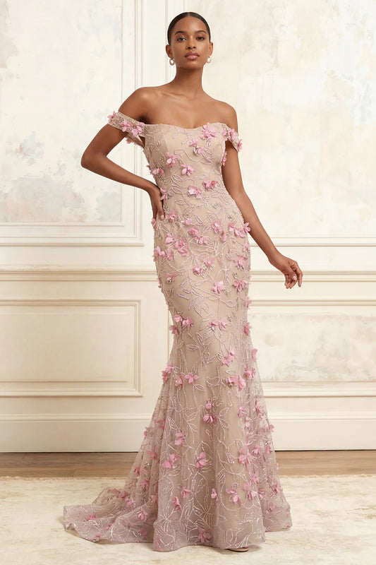 Elegant Off The Shoulder 3D Floral Embellished Tulle Mermaid Evening Dress