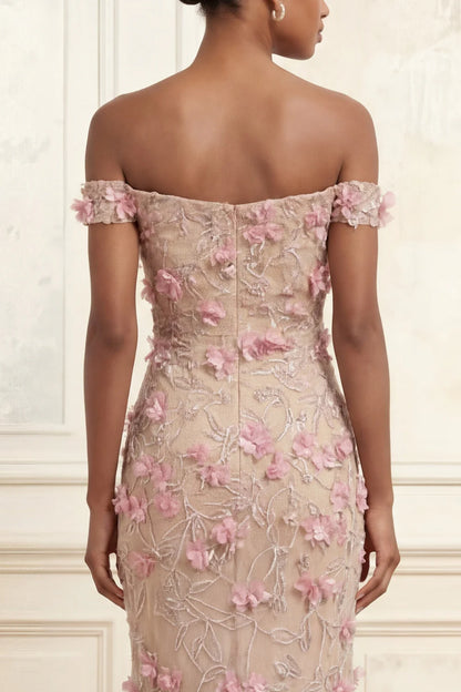 Elegant Off The Shoulder 3D Floral Embellished Tulle Mermaid Evening Dress