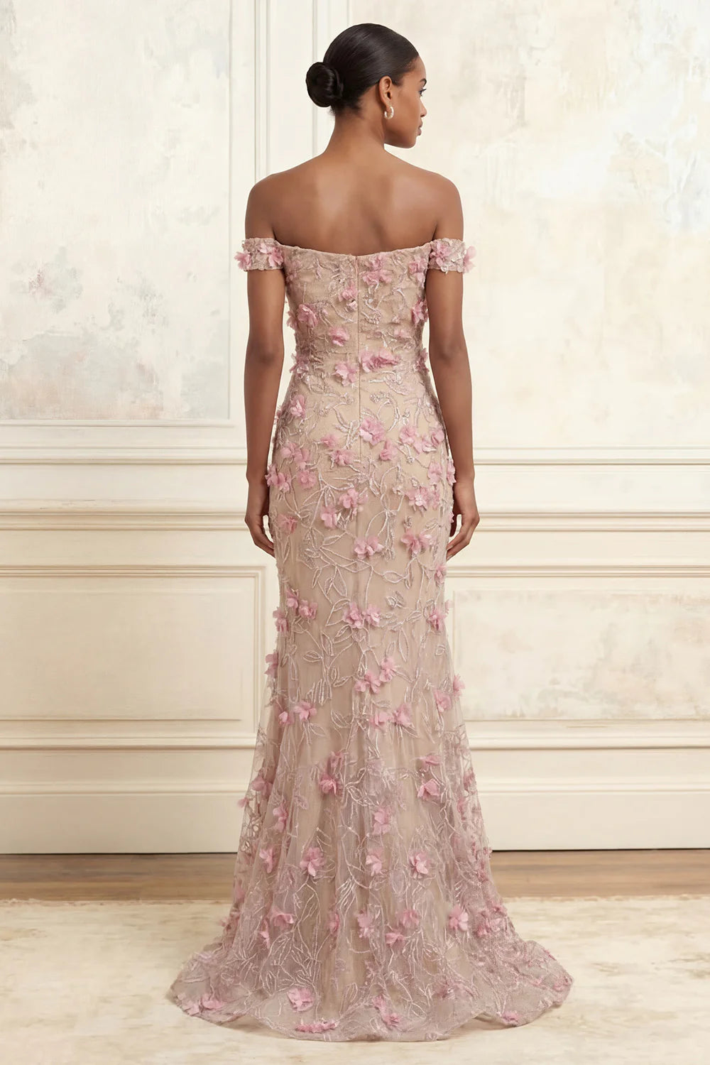 Elegant Off The Shoulder 3D Floral Embellished Tulle Mermaid Evening Dress