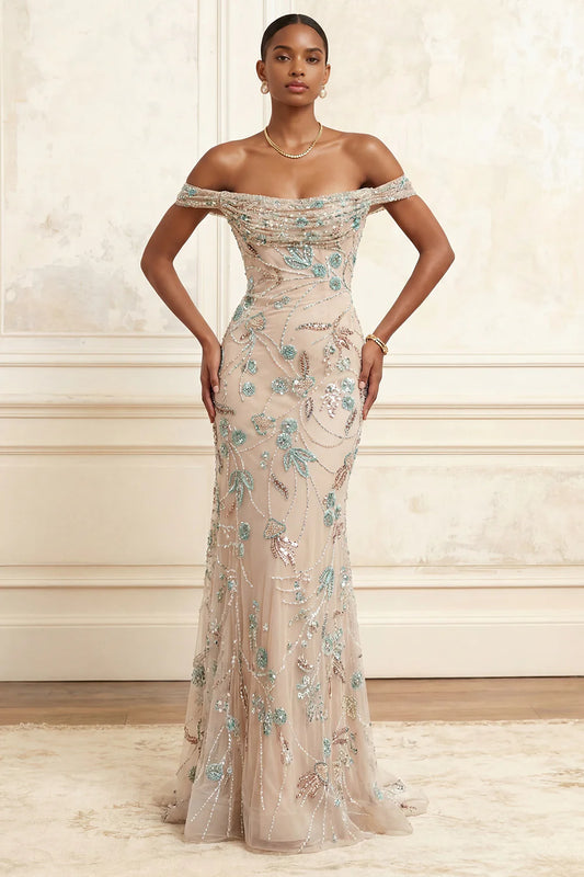 Elegant Off The Shoulder Beaded Floral Embellished Tulle Mermaid Evening Dress
