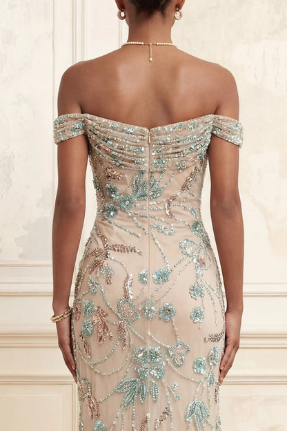 Elegant Off The Shoulder Beaded Floral Embellished Tulle Mermaid Evening Dress