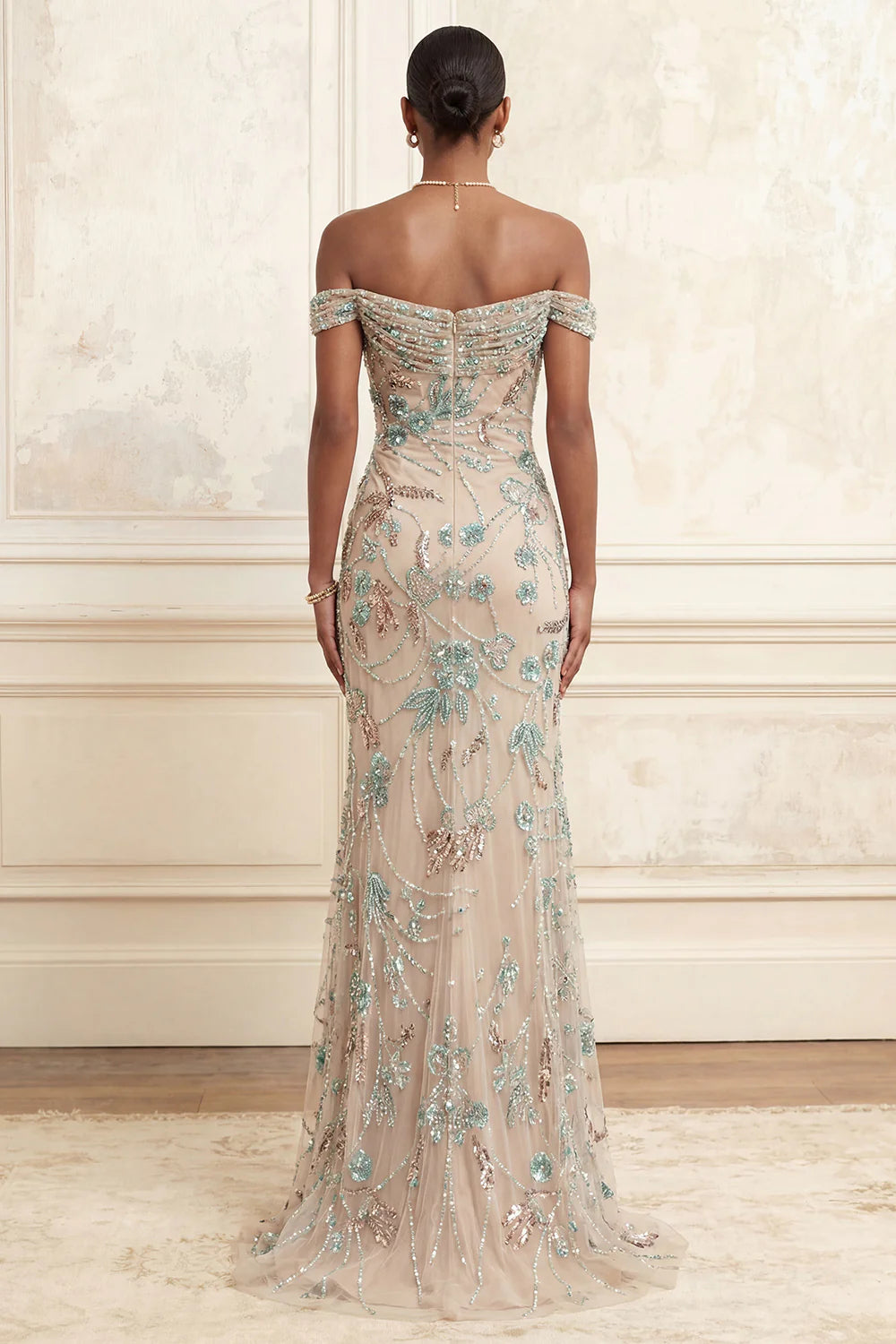 Elegant Off The Shoulder Beaded Floral Embellished Tulle Mermaid Evening Dress