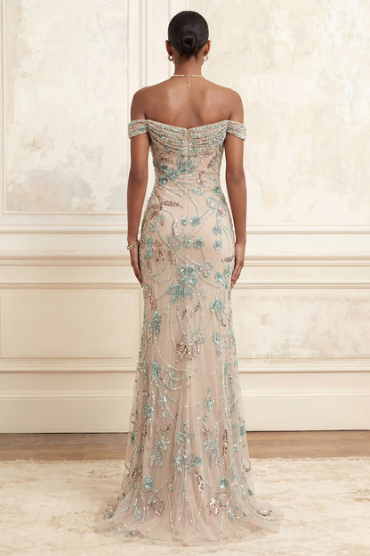 Elegant Off The Shoulder Beaded Floral Embellished Tulle Mermaid Evening Dress