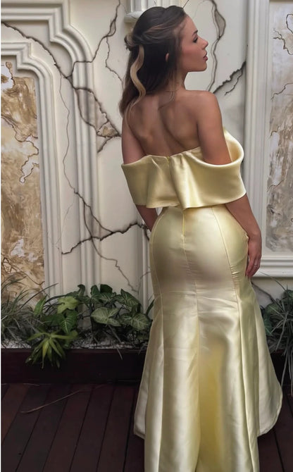 Elegant Off The Shoulder Bow Detail Satin Mermaid Evening Dress