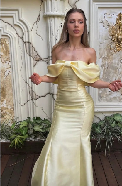 Elegant Off The Shoulder Bow Detail Satin Mermaid Evening Dress