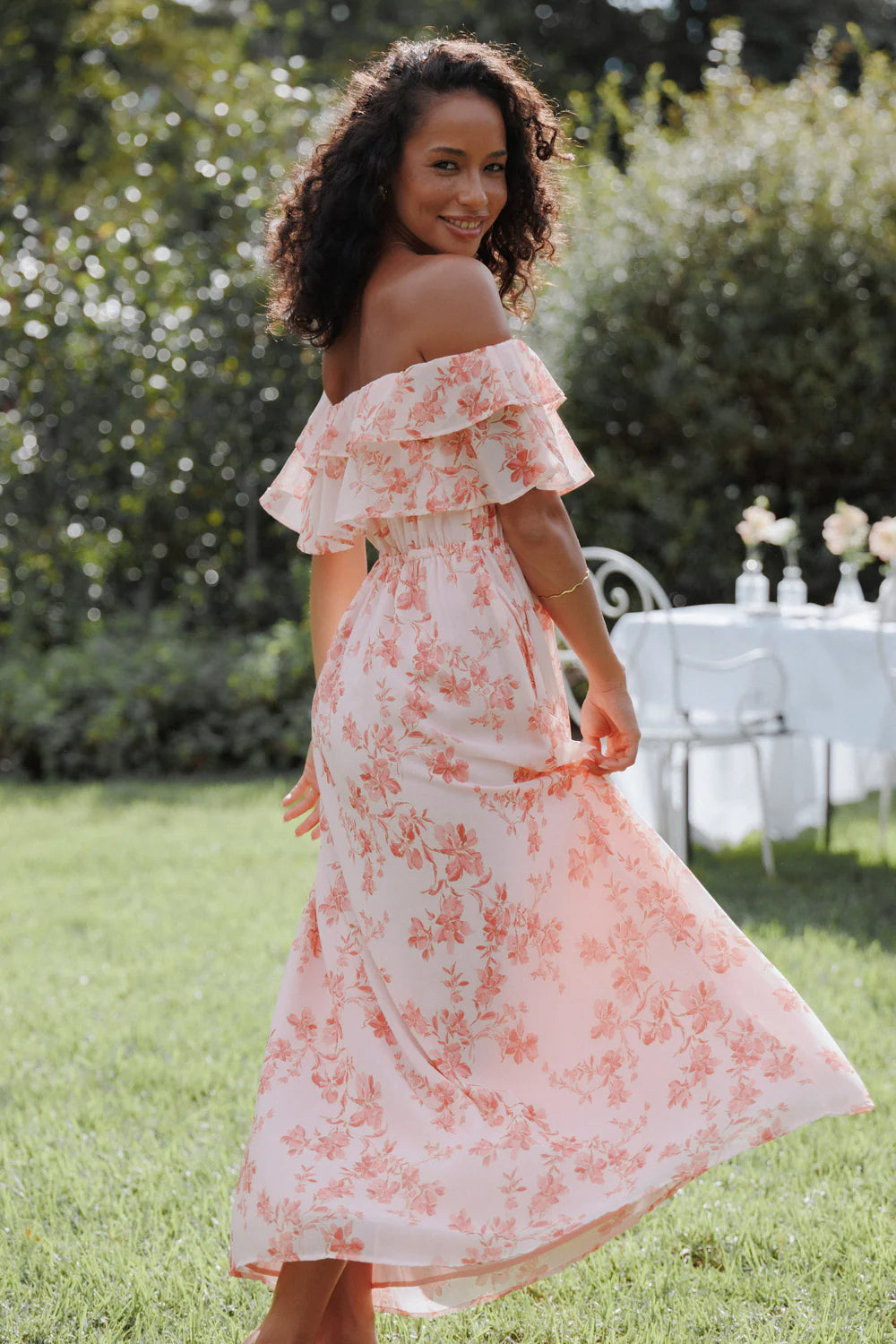 Elegant Off The Shoulder Double Ruffle Trim Floral Print Chiffon Maxi Prom Dress With Smocked Waist For Formal Evening Wedding Guest Bridesmaid Cocktail Party